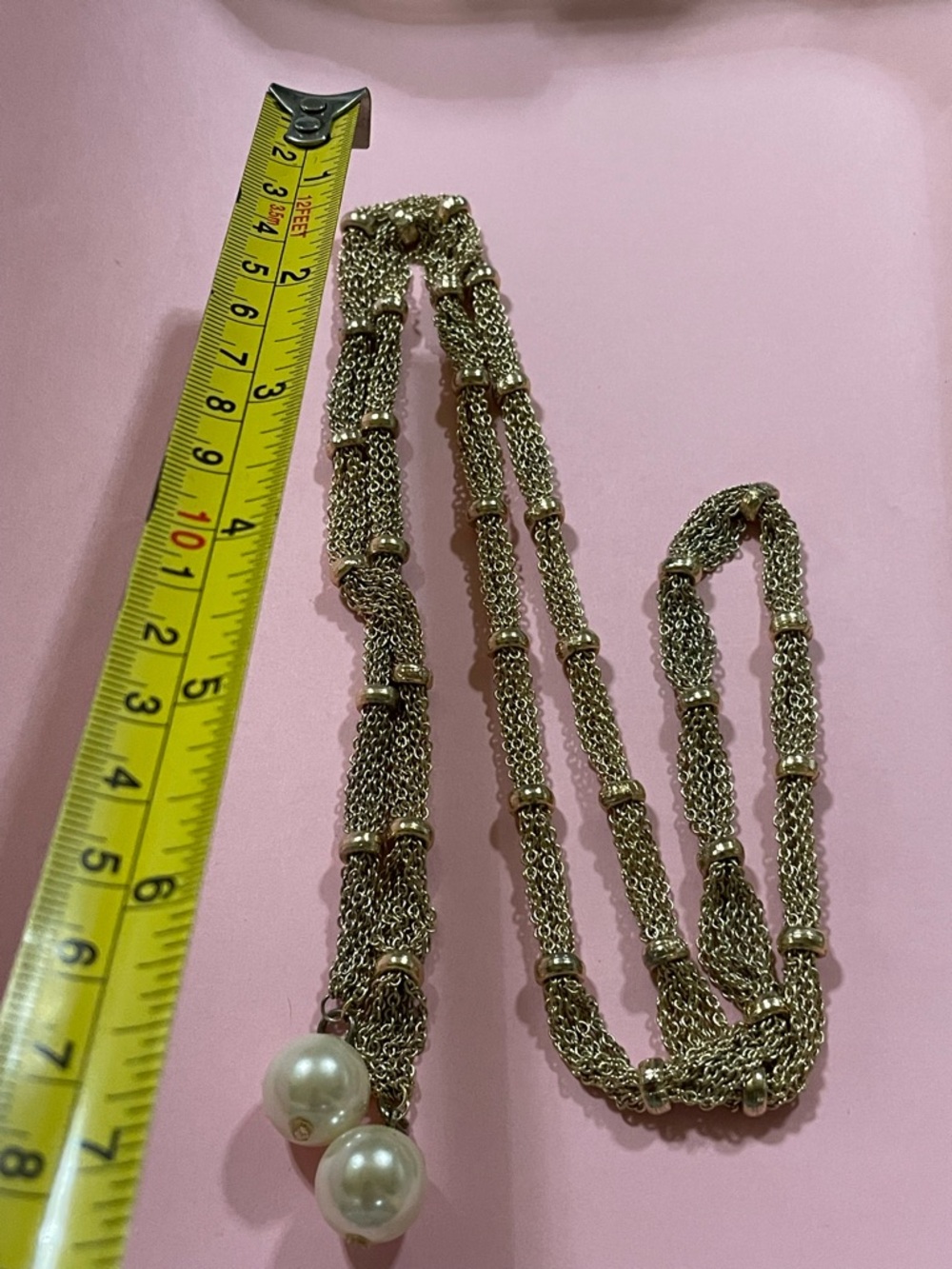 Vintage Costume Gold Tone Faux Pearl Flapper Necklace #9288 - Picture 3 of 4